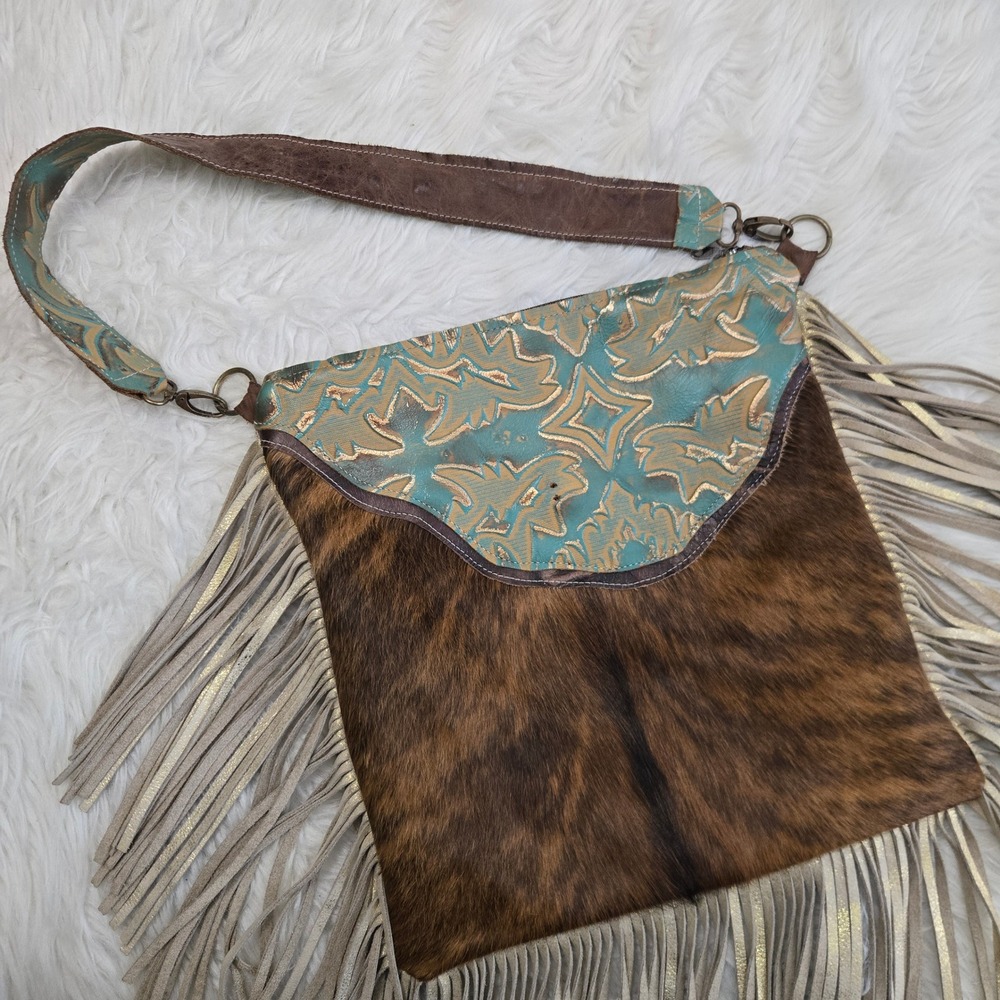 Dancing Cactus Designs Cowhide Fringe Crossbody Bag Turquoise Leather Western - Picture 9 of 16